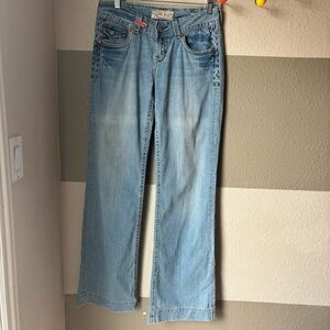 MEK Denim Women’s 28 x 34 Jeans Low Waisted Distressed Washed Embellished Pocket